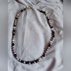Elegant Pearl and Black Bead Necklace